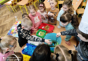 Uczniowie klasy 1a uczestniczący w procesie przygotowania wiosennej zupy marcowej.