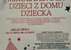 Plakat zachęcający do akcji pomocy dla dzieci z Domu Dziecka.