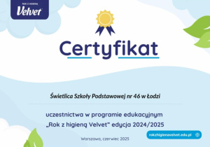 "Rok z higieną Velvet"_certyfikat dla świetlicy szkolnej za udział w programie.