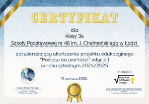 Certyfikat udziału klasy 3a w projekcie "Postaw na wartości".