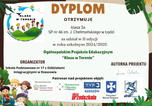 Certyfikat udziału klasy 3a w projekcie "Klasa w terenie".