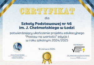Certyfikat udziału szkoły w projekcie "Postaw na wartości".