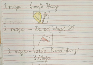Obchody świąt majowych w klasie 1a_fragment notatki w zeszycie..