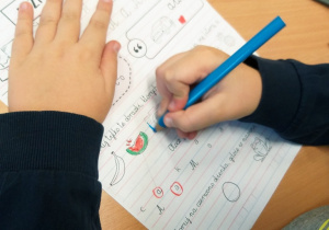 Uczeń pracujący z kartą pracy - utrwalenie literek.