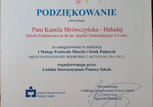 Podziękowanie dla p. Kamili Mrówczyńskiej-Haładaj.