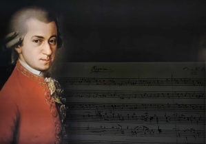 Plakat z sylwetką W. A. Mozarta.