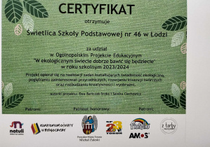 Certyfikaty za działalność projektową świetlicy.