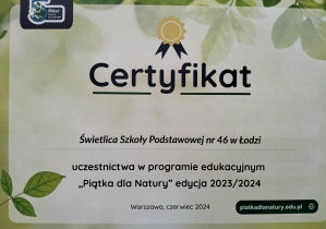 Certyfikaty za działalność projektową świetlicy.