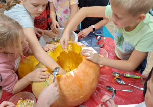 Uczniowie klasy 3a w bliskim kontakcie z dynią.