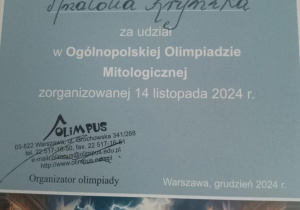 Ogólnopolska Olimpiada Mitologiczna Olimpus_dyplom uznania dla uczestnika.