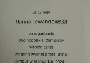 Ogólnopolska Olimpiada Mitologiczna Olimpus_dyplom podziękowania dla organizatora.