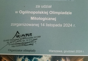 Ogólnopolska Olimpiada Mitologiczna Olimpus_dyplom uznania dla uczestnika.