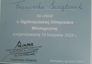 Ogólnopolska Olimpiada Mitologiczna Olimpus_dyplom uznania dla uczestnika.