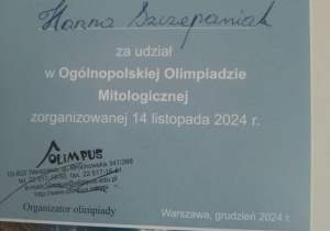 Ogólnopolska Olimpiada Mitologiczna Olimpus_dyplom uznania dla uczestnika.