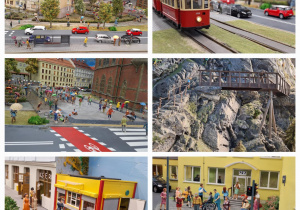 Elementy multimedialnej wystawy kolejkowo, przedstawiające miasto Wrocław.