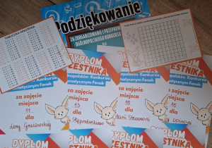 Ogólnopolski Konkurs Przedmiotowy FENEK z wiedzy matematycznej_dyplomy dla uczestników i podziękowanie dla organizatora.