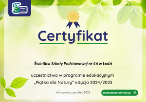 Cartyfikat dla świetlicy szkolnej za udział w projekcie "Velvet. Piątka dla Natury".