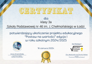 Certyfikat udziału klasy 3a w projekcie "Postaw na wartości".