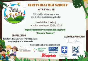 Certyfikat udziału szkoły w projekcie "Postaw na wartości".