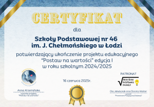 Certyfikat udziału szkoły w projekcie "Postaw na wartości".
