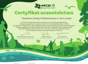 Certyfikat za udział w akcji "Sprzątanie świata".