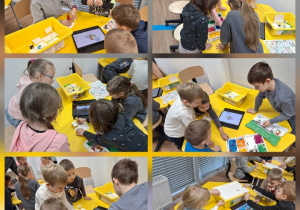 Uczniowie klasy 1a podczas warsztatów robotycznych "Projektujemy komPAKTowego robota".