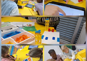 Uczniowie klasy 1a podczas warsztatów robotycznych "Projektujemy komPAKTowego robota".