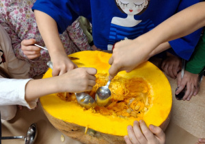 Budowa dyni_przyroda w działaniu praktycznym w klasie 1a_drążenie dyni.