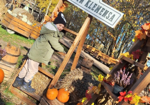 Lekcja przyrody w Sadach Klemensa_klasy: 1a i 1b podczas wspólnej integracji_ekspozycje dyniowe.