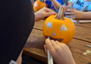 Lekcja przyrody w Sadach Klemensa_klasy: 1a i 1b podczas warsztatów dyniowych.