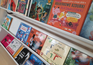 "Ciekawostki moli książkowych"_klasa 1a z wizytą w Wojewódzkiej Bibliotece Publicznej_regał z książkami w wersji audio.