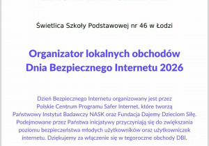 Certyfikat za realizacje toku lekcji on-line na temat Bezpiecznego Internetu - dla świetlicy.