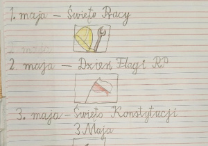 Obchody świąt majowych w klasie 1a_fragment notatki w zeszycie..