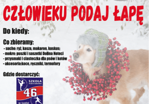 Plakat zachęcający do zbiórki żywności dla zwierząt.