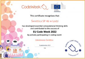 Certyfikat CodeWeek dla świetlicy szkolnej.