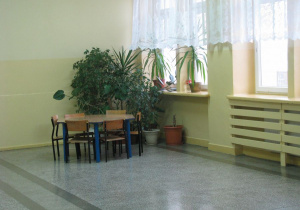 Korytarz pietro III, stolik, krzesła, rośliny doniczkowe.