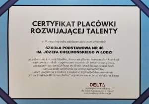 Certyfikat placówki rozwijającej talenty.