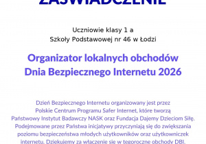 Certyfikat realizacji lekcji on-line na temat Bezpiecznego Internetu - dla klasy 1a.
